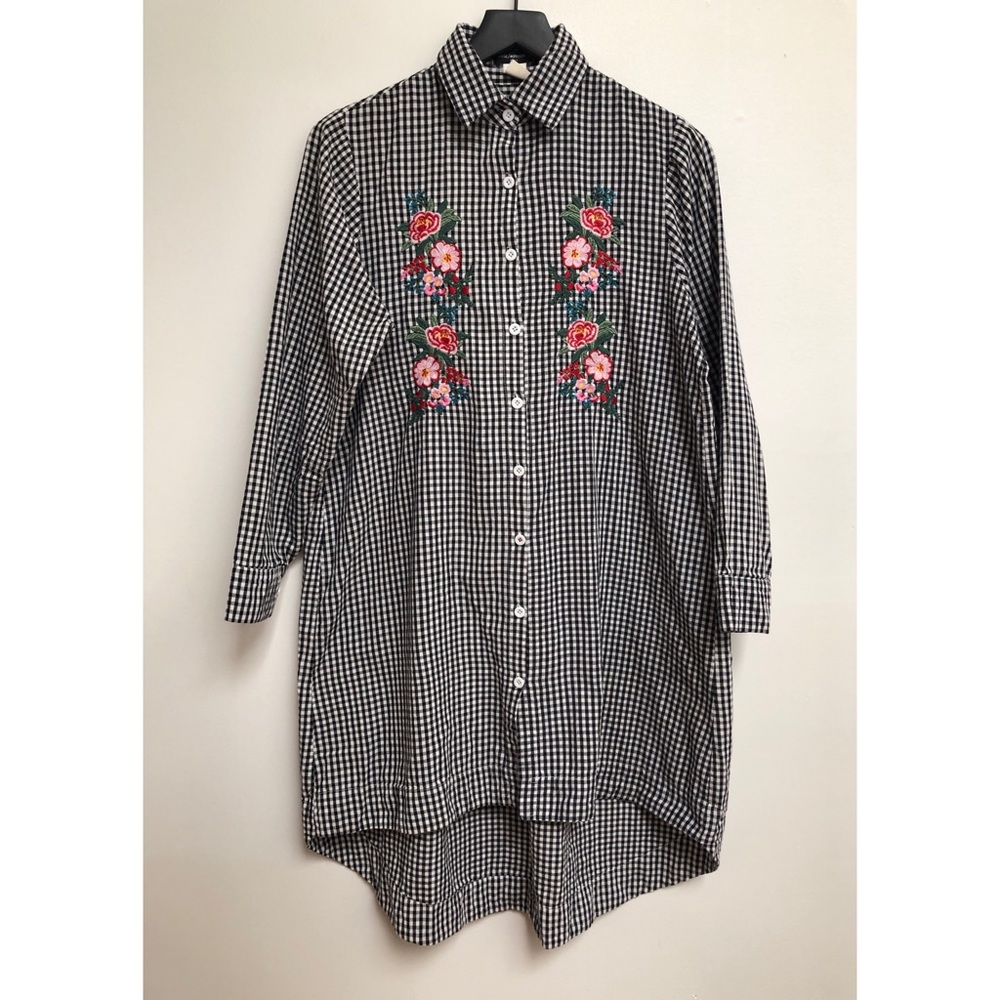 Embroidered check high-low dress Small